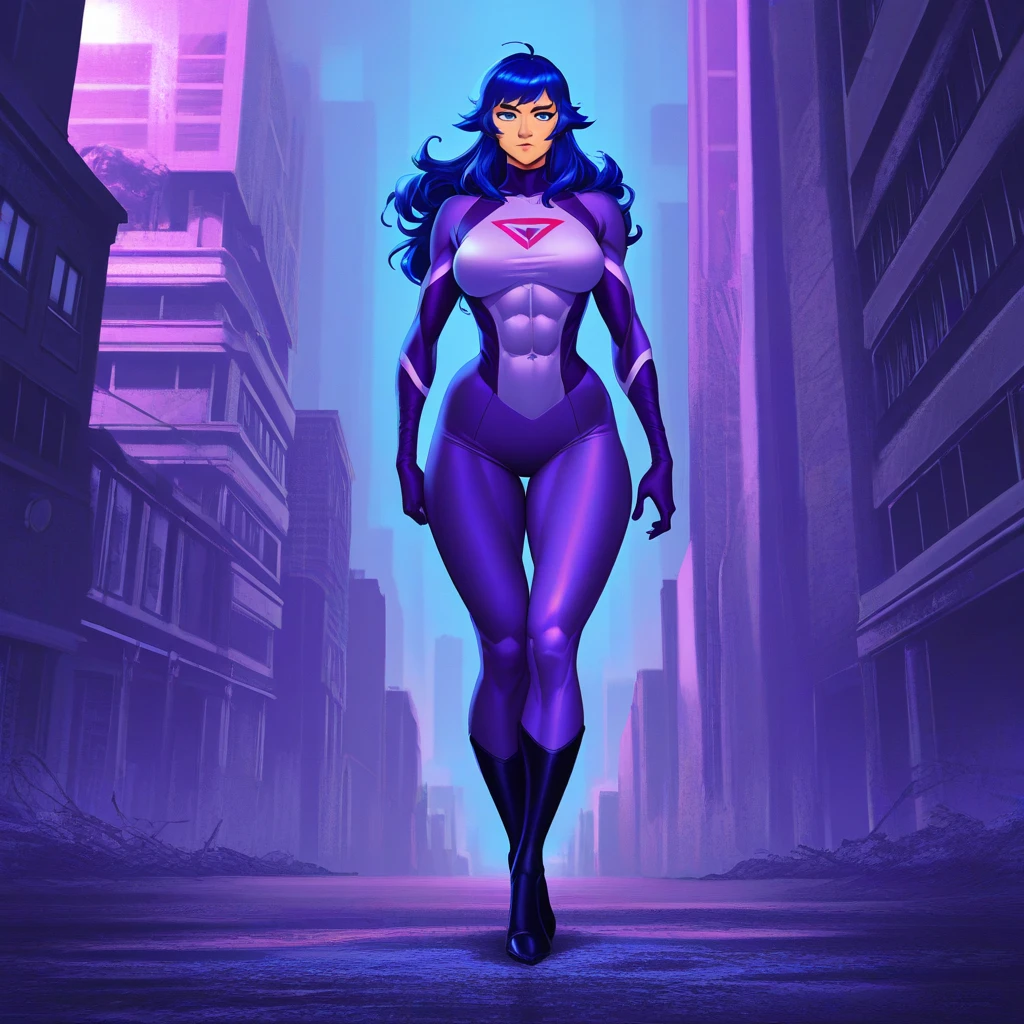 woman, running, outside, city street in background, pale blue eyes, detailed short pink hair Short Side Comb haircut, exited expression, black lipstick, small tits, wearing a blue swimsuit, blue gloves, blue tall boots, blue cape, comic book style, flat shaded, prominent comic book outline linework