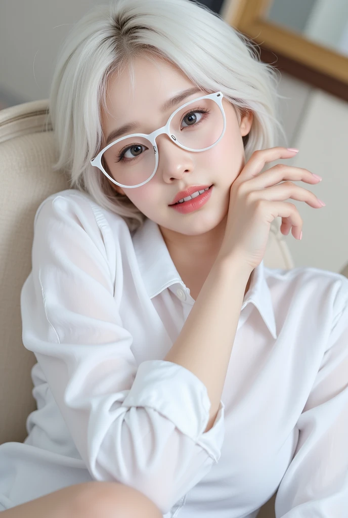 Sweet expression , Lying down, White glasses,  short white hair , (8k,  RAW photo,  realistic due diligence:1.25) ,( Lip gloss,  lashes, glossy face,  shiny skin ,  best quality ,  Ultra High Resolution ,  depth of field , Chromatic aberration,  corrosive material, wide light,  natural shadows, K-pop idol) I'm looking at the viewer with a sense of serenity and goddess of happiness, Full body,  big  ,  white underwear that is palpable,  black stockings , beach shirt ,  white shirt, secretary