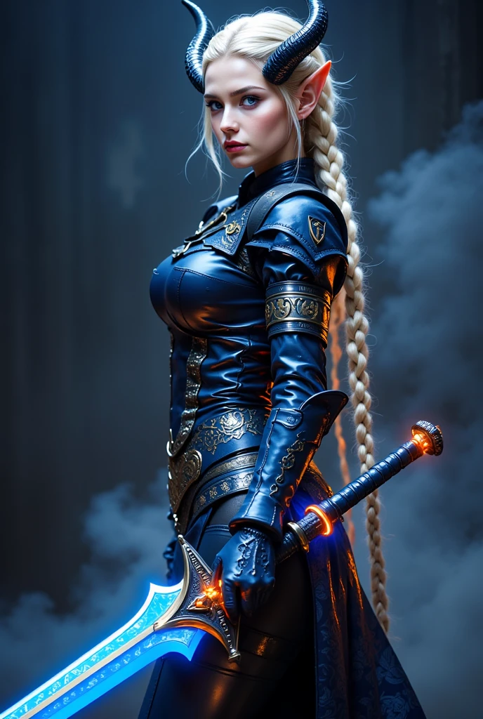Vibrant, high-contrast, detailed, 
score_9, score_8_up, score_7_up, upscale 2x, 
(Pov from the side, a stunning blonde female elf with piercing blue eyes, curved horns, and intricate braids, wearing intricately designed dark blue armor with vibrant orange glowing accents, holding a magnificent blue runesword with orange glowing runes by the handle, point the sword down, set against a mysterious dark background with subtle mist:1.2)