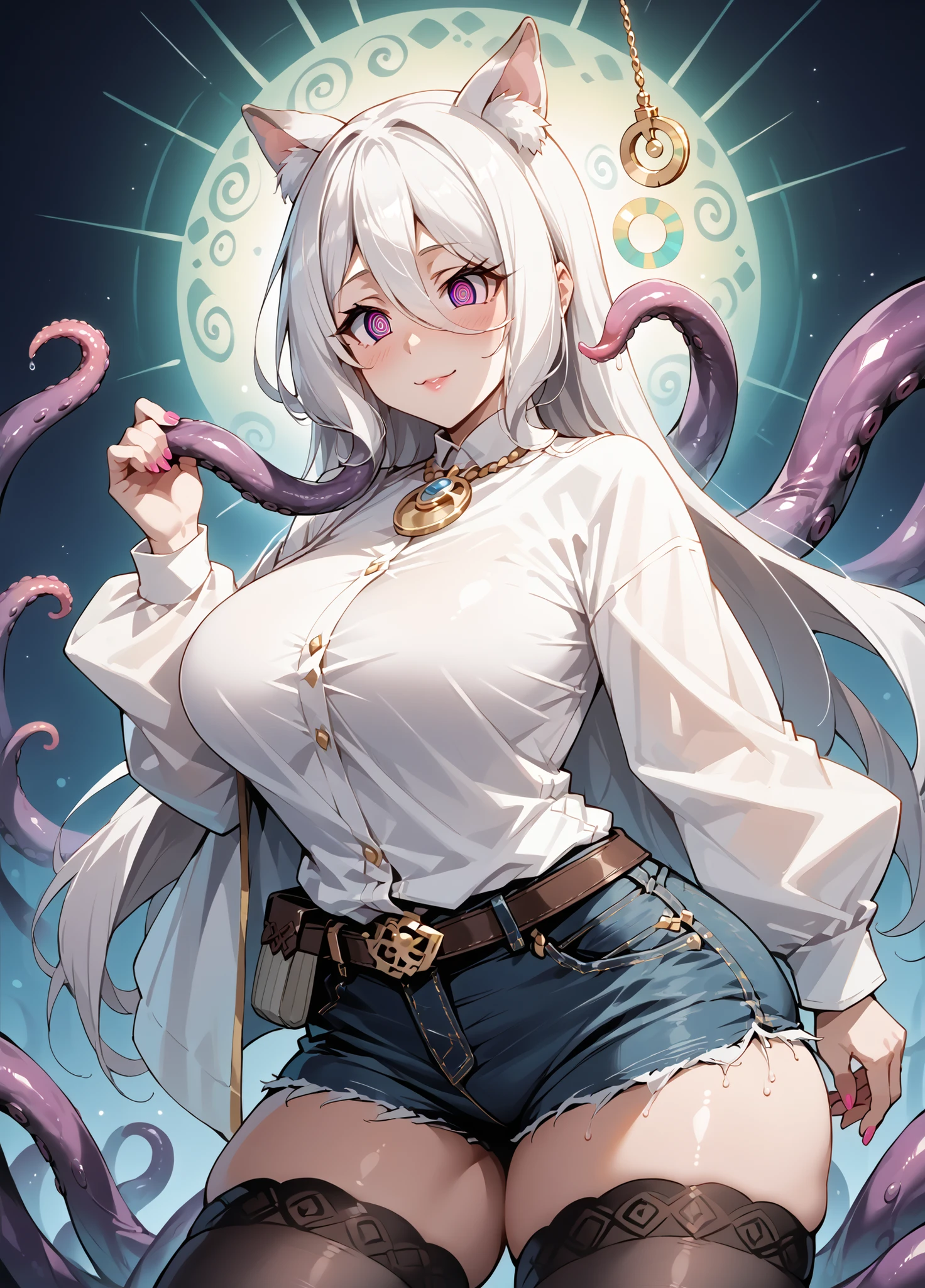 score_9, score_8_up, score_7_up, source_anime, 4K,perfect fingers,(perfect hands, perfect anatomy),prefect lighting, very aesthetic, intricate details,highly detailed background, masterpiece, high quality, best quality, high resolution,
1 girl,solo,Kokoro(Princess Connect, White Hair, large breast,,
wearing ((long sleeved white shirt,denim shorts, )) ,,
(Hypnosis, Hypnotic state), (Hypno Wave), (Fall into pleasure), (corruption), Dark Side, (Dark Side), (One mature woman, Model-like body), Tentacles enter through the ears, Tentacles bind the legs, Spread your legs, Entangled in tentacles, Randomly changing pose,