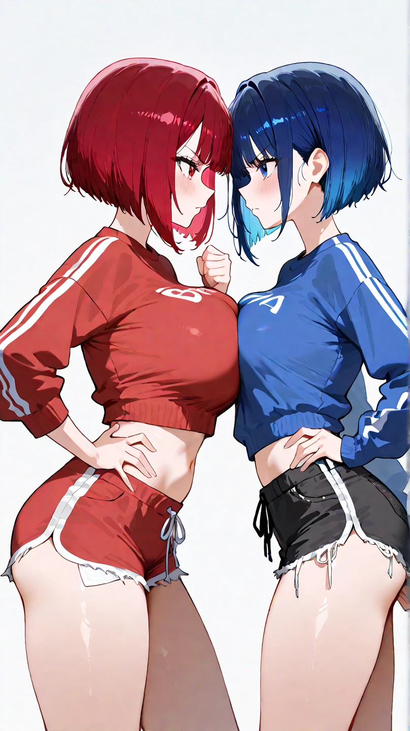 2girls,blue-archives,{{kazusa,black hair,black eyes,shorts,hoodies},{[housing of course,{{cow-bikinis}}}},Breast Matching,Scramble,grabbing breasts,{{cow-bikinis}}