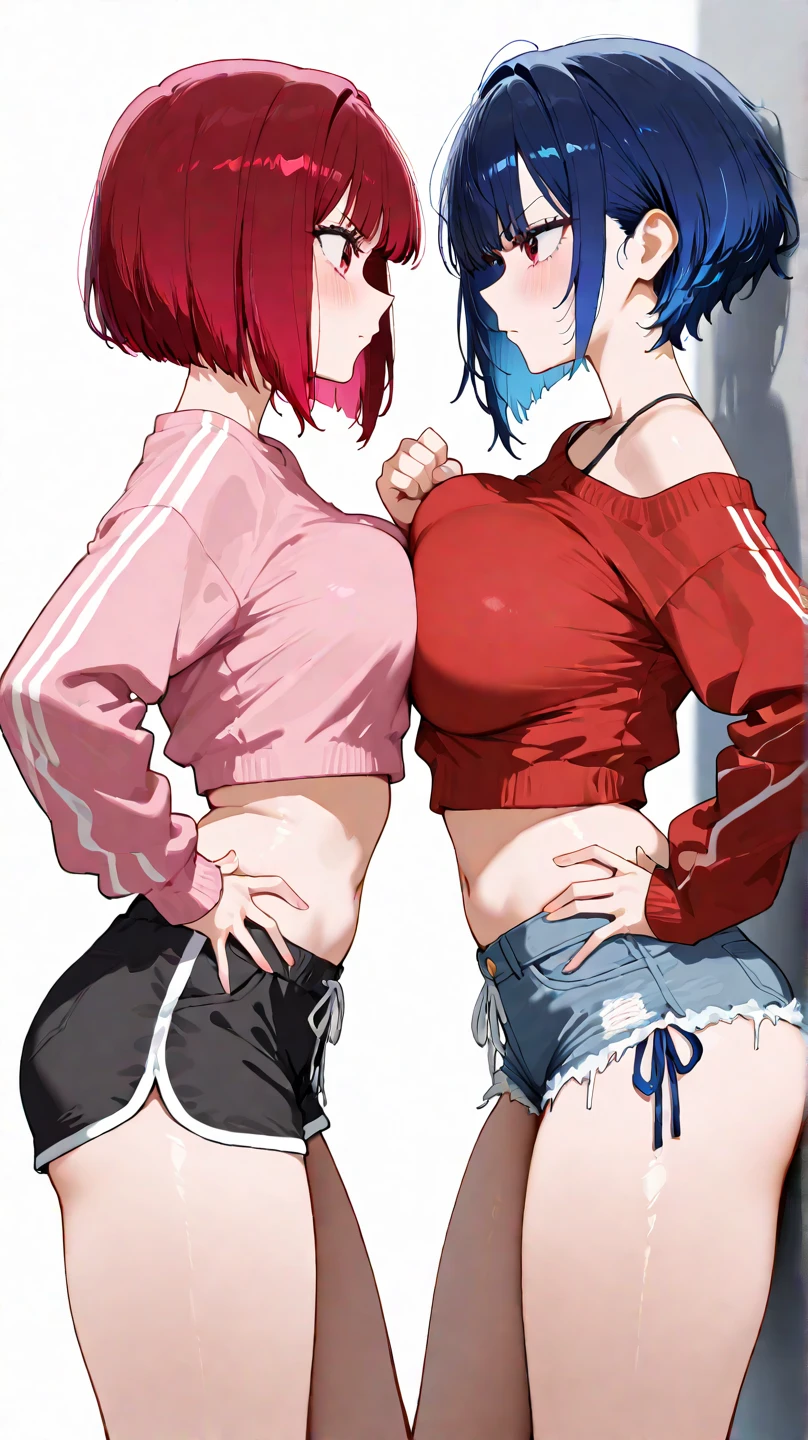 (masterpiece, best quality:1.24), best resolution, (2heads:1.5), (girl with two heads), 1girl, ((blue hair)), (red hair), cheerful carefree, smiling, ((orange crop top)), ((purple shorts pants)), teenage girl, short pants, long ponytail, exposed midriff