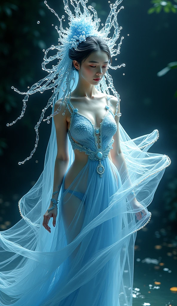 Arafada's ghost in the forest with blue light, An ethereal ghostly atmosphere, Ghost Form, Luminescent rays, Ghostly Atmosphere, Floating Ghost, Glowing swirling mist, Phantom Ghost, Unearthly Shot, fog lamps, Scary Magic Background, perfume, covered with drapery, A mysterious and scary forest, Rainbow Spectral, Glowing Mist Intricate