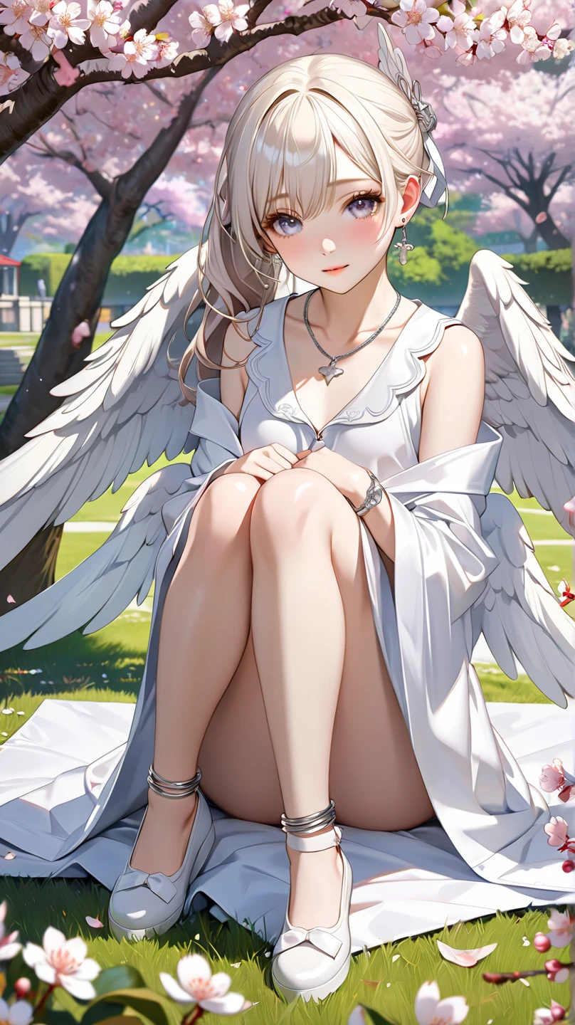 (8K, Raw photo, highest quality, masterpiece: 1.2), (realistic, photorealistic: 1.37), Super detailed, ultra high resolution, girl 1, , Beautiful and dense face, smile, teeth, (feather cut: 0.6), nurse uniform, panties, professional lighting, garden、night、full body photo, neat、Full body Esbian、white thin socks、Floral、Large angel wings grow from his back..、white feather、Feathers shine、Fluttering feathers、