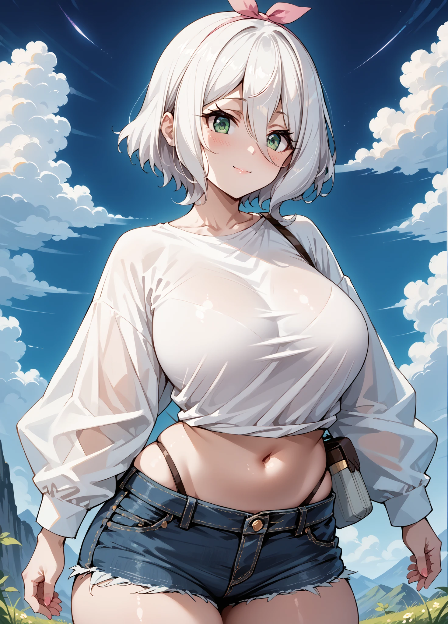 score_9, score_8_up, score_7_up, source_anime, 4K,perfect fingers,(perfect hands, perfect anatomy),prefect lighting, very aesthetic, intricate details,highly detailed background, masterpiece, high quality, best quality, high resolution,
1 girl,solo,Kokoro(Princess Connect, White Hair, large breast,,
wearing ((long sleeved white shirt,denim shorts, )) ,,
loving me,