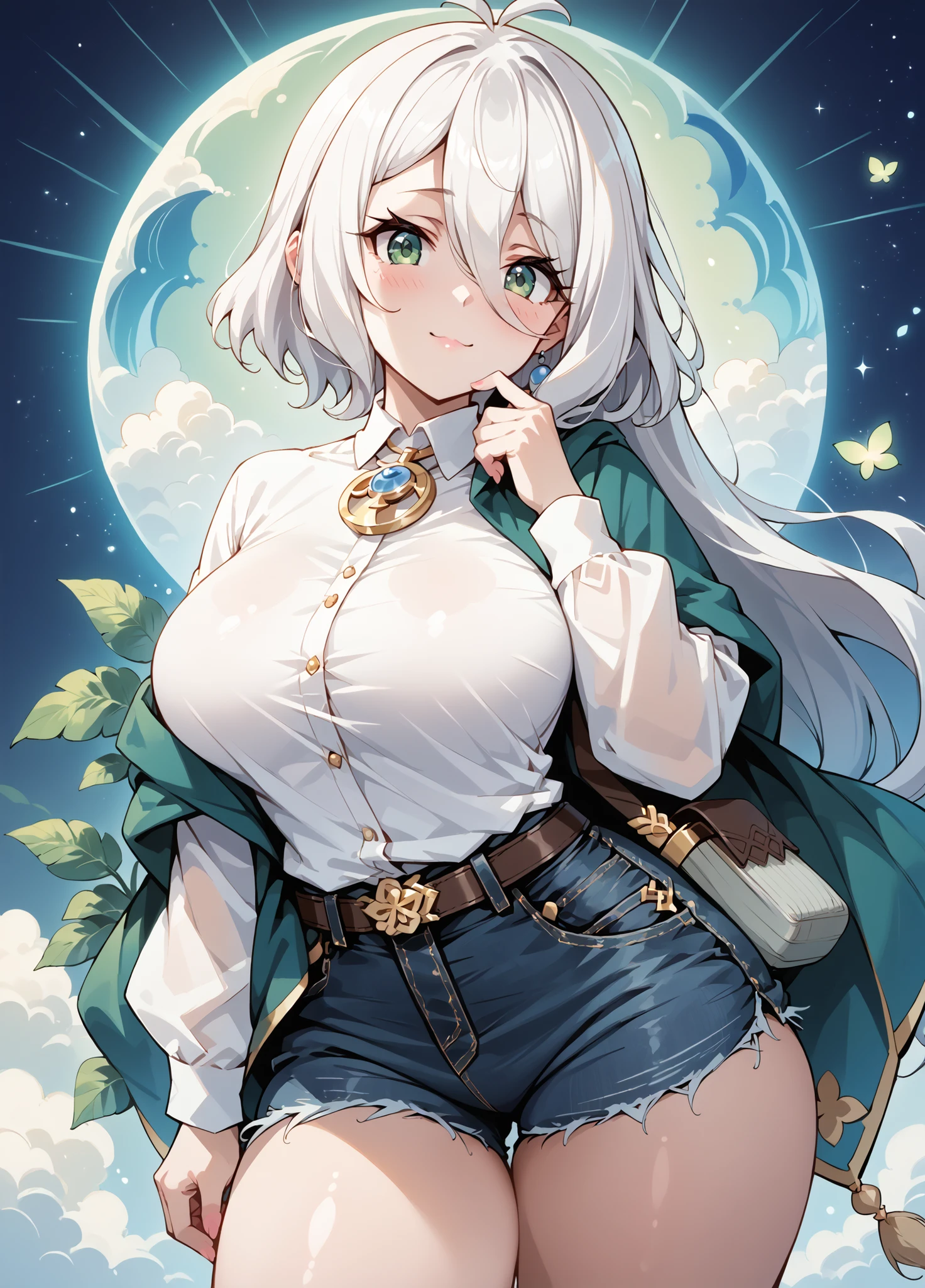 score_9, score_8_up, score_7_up, source_anime, 4K,perfect fingers,(perfect hands, perfect anatomy),prefect lighting, very aesthetic, intricate details,highly detailed background, masterpiece, high quality, best quality, high resolution,  
1 girl,solo,Kokoro（Princess Connect, White Hair, large breast,,
wearing ((long sleeved white shirt,denim shorts, )) ,,
loving me,