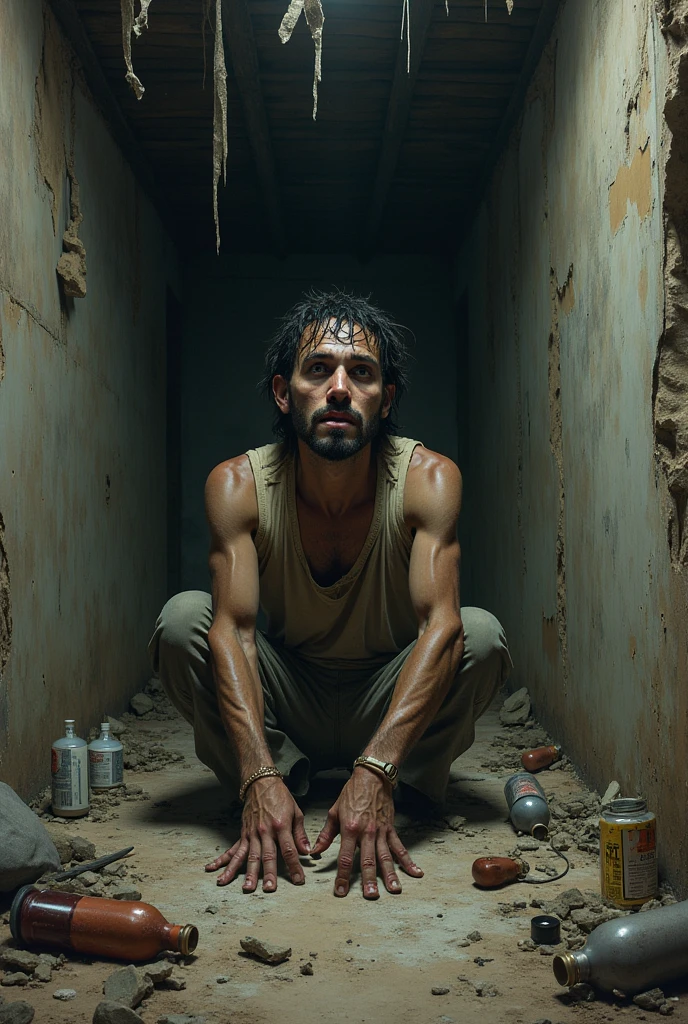 Young Bolivian man with hair and beard, humida, sweaty, sitting in his dirty white underwear on the floor of a public restroom, with his hand stuck inside his underwear.