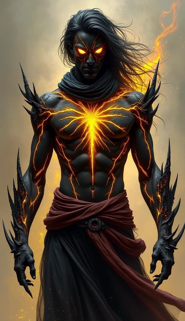 Create a highly detailed and atmospheric digital painting of a cosmic dark entity meditating in a lotus position on the surface of a barren planet. The entity has a shadowy, featureless face and a muscular humanoid body covered in dark organic tendrils that appear to flow and twist around it.. A bright red crystal is embedded in his chest, pulsating with dark energy. Above the head of the entity, A spinning purple and black cosmic vortex with a glowing mystical orb at its center radiates power, Shedding an ethereal light. The background features a vast star-filled galaxy with purple nebulas and distant cosmic phenomena., creating a sense of infinite space and power. The lighting is dark and sinister, and the main sources of light are the glowing red crystal and the mystical orb. The overall color palette is dominated by deep purples., black and touches of red, evoking a sense of cosmic mystery and power.