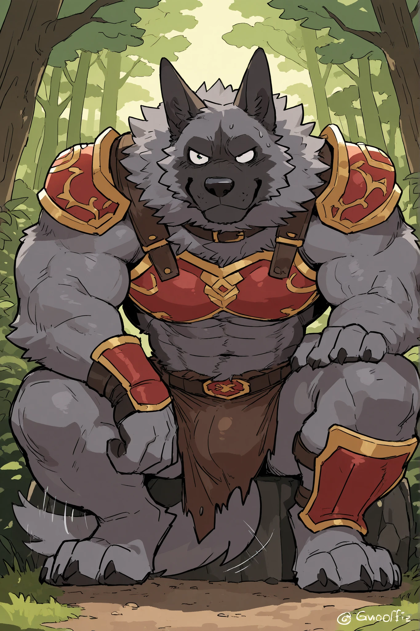 <lora:vulgor-07:1>, vulgor, solo, two tone fur, looking at viewer, nipples, male focus, topless male, forest, pelvic curtain, red eyes, holding axe, holding axe by handle, axe