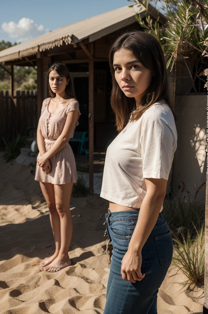 (best quality)), ((masterpiece)), ((wear fully covered shirt)), ((standing near beach)), ((Highlighting her jewellery)), (detailed),"Generate an ultra-realistic, 21-year-old woman ((multi color skirt)), accentuates her curves, ((Walking with hand in pocket))