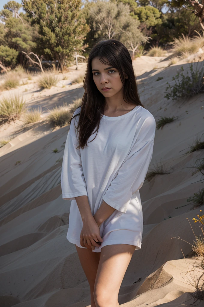 white woman, black hair, in the desert