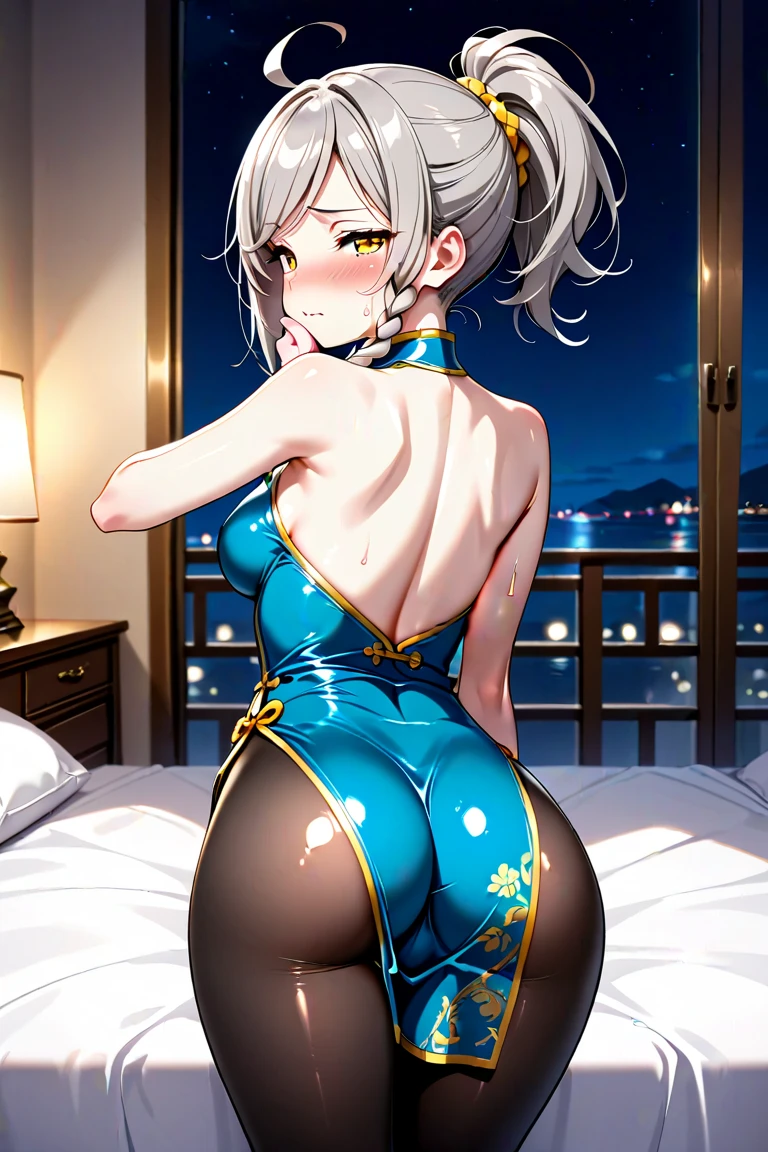1girl,full body,(Best quality at best, tmasterpiece:1.2), super high separation rate, actual, Frontlighting, Complicated details, Exquisitedetailsandtextures, (with sparkling eyes and a contagious smile),cute Face highlights, The upper part of the body, details, ( nipples:1.2),sidenips,nipple slip,from side, sundress, smile, from behind, upper body, (leaning forward:0.4),tear-mole, (medium Breast Girl:1.0),(young), white skinned, masterpiece, the best, night, full moon, Chinese Architecture, cheongsam, China costume, Royal sister, cold face, Poker face, woman with long silver hair, light pink lips, fishnet stockings, calm, intellectuals, Three bangs, gray pupil, street view, facial details,