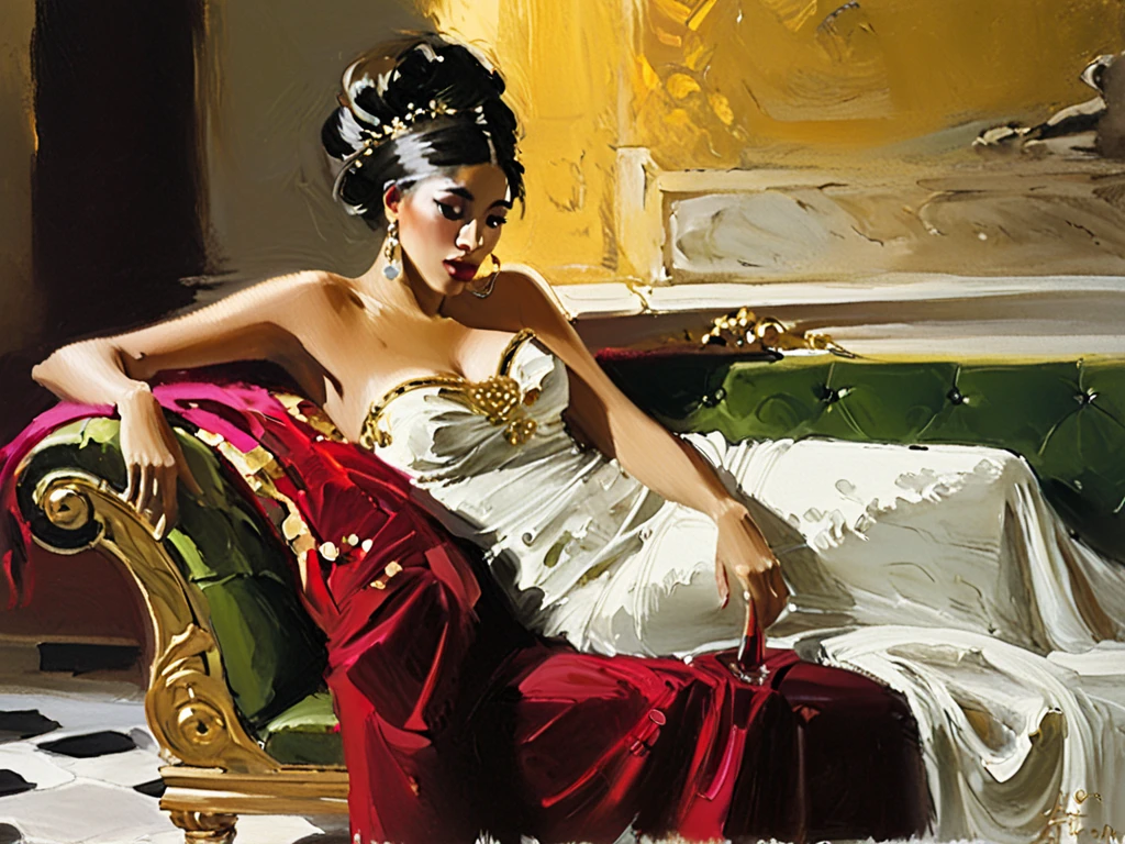 Moonlight filters through Gothic arched windows, illuminating Morgana’s voluptuous figure as she stands thoughtfully near a roaring hearth. She is garbed in a diaphanous black gown, the silky fabric clinging to her dangerous curves. Her raven hair cascades over bare shoulders as she swirls a glass of dark red wine.
Shadows dance across the bedchamber walls, cast by guttering candles and the flickering firelight. Morgana takes a slow sip of wine, peering over the glass rim with violet eyes glinting as she watches her love enter. Her full lips curl into a subtle, beckoning smile.
Her mysterious lover approaches, desire evident in his gaze as it roams hungrily over Morgana’s ample cleavage and the dress’s thigh-high slit revealing a long, toned leg. Morgana sets down her wine and turns, presenting the corset laces of her gown. With a roguish grin, her paramour tugs at the ribbons, loosening them to unveil smooth, glowing skin underneath.
Thunder rumbles distantly as the stormy night deepens. Morgana reaches out and pulls her lover toward the ornate four-poster bed, her nail tracing his jawline devilishly. She kisses him, relishing his accelerating passion. Then with sudden force, she shoves him down onto the silken sheets, pouncing to straddle his waist, raven hair falling wildly over pale shoulders. Her violet eyes flash with fiery magic as she smiles wickedly and makes her lover utterly hers for the taking...