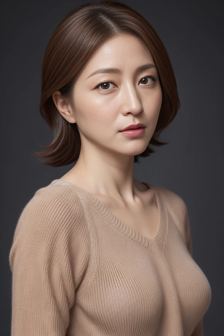 High resolution, High level image quality, high detail, masterpiece, rough skin, anatomically correct, sharp, gray background、((japanese mature, 35 years old)), alone, ((facial wrinkles)), good shape big breasts, Straight light brown hair that reaches to the shoulders, Chubby body type (((stand upright, facing the center of the screen.))), Close your mouth and look straight ahead with a serious face, sweater, skirt, ((cowboy shot)),