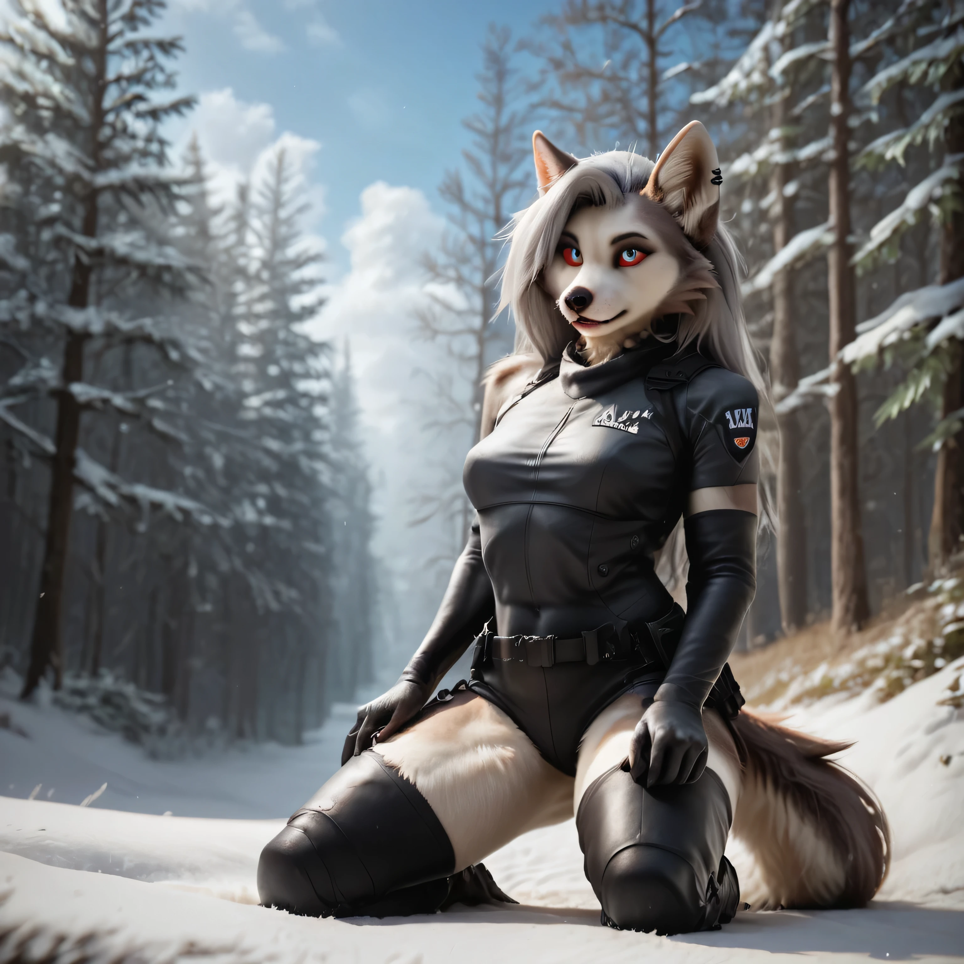 score_9,score_8_up,score_7_up, 1girl, solo, masterpiece, Loona, furry, anthro, fluffy tail, outdoors, scenery, in tight black tactical suit, In thigh-high boots, in long gloves, calmly stand in snow forest, realistic style, highly detailed, vibrant colors, 4k.