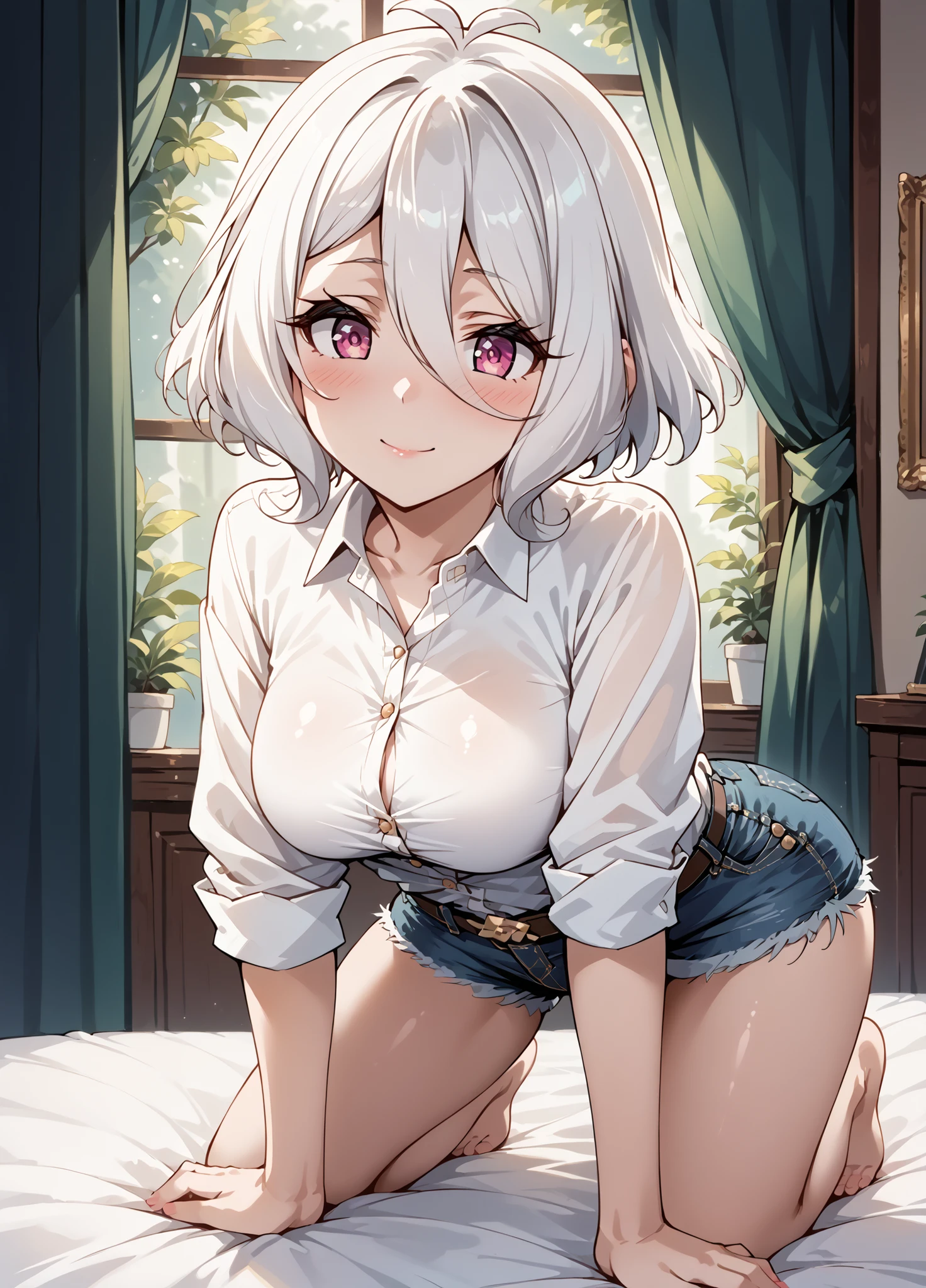 ((((masterpiece, best quality, high resolution)))), (1girl:1.5), ((short silky hair, white hair, purple eyes, sharp eyes)), (big breasts:1.2), blush, (cheeky smile, parted lips), glow, thighs, bare shoulders, collarbone, narrow waist, (slender body figure), (beautiful detailed face, beautiful detailed eyes), ((white loose crop top, see-through material, shorts)), (standing up), looking at viewer, bedroom