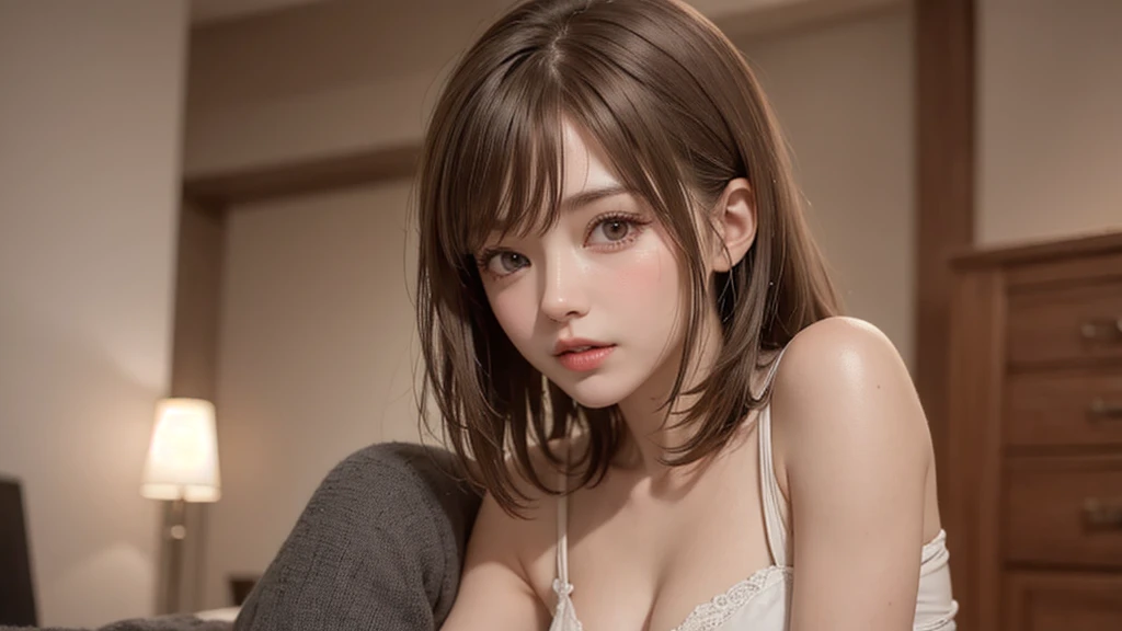 bust-up image, best quality, super fine, 16k, incredibly absurdres, extremely detailed, golden ratio, beautiful woman, beautiful realistic round face, seductive expression, beautiful light brown short messy hair, beautiful hairstyle, beautiful realistic eyes, beautiful realistic skin, wearing beige loose sweater with a wide open chest, background dark room with light bulb ultra warm white color