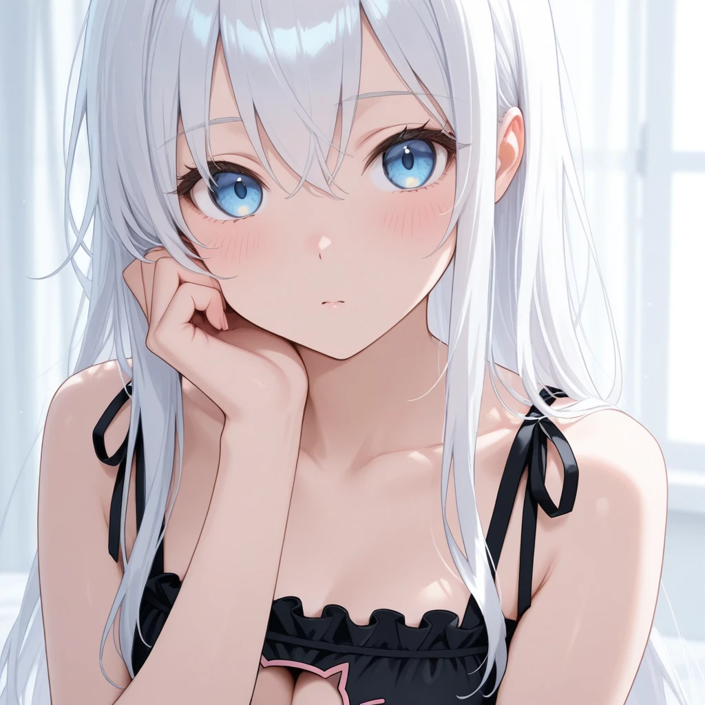1_girl, Long white hair, Blue Eyes, Small breasts, Sexy pose wearing white, cushion, Lots of light, On all fours、Ride a Rocking Horse、White liquid on the face、Pose of jumping on man&#39;s face、Stick your butt out、I can see the nipples、