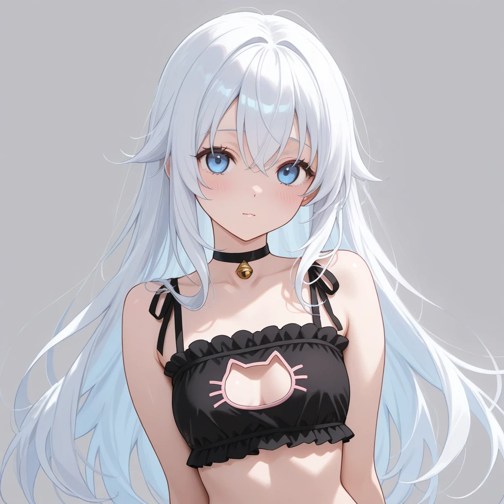 young girl, Long white hair, Cat's ears, Heterochromia, Yellow and blue eyes, tight turquoise top, Sleeveless, Shorts, open belly, White patterns on clothes, smirk, Receive, Masterpiece, hiquality