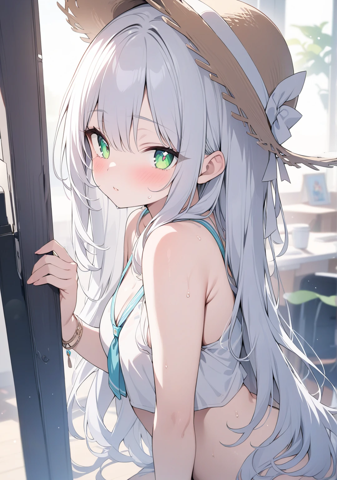 ((Best quality)), ((Masterpiece)), ((Ultra-detailed)), (illustration), (Detailed light), (An extremely delicate and beautiful),A charming young girl,Four people,Three View,Long white hair and red pupils,Pink swimsuit