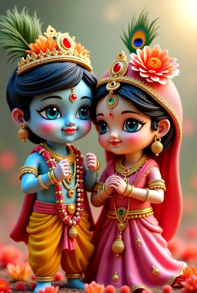 cute young Radha and Krishna,children playing,peacock feather in hair,vibrant colors,soft lighting,ornate jewelry,detailed facial features,serene expression,pastoral setting,lush greenery,idyllic scene,intricate textile patterns,shimmering gold accents,whimsical atmosphere,masterpiece,photorealistic,8k,extremely detailed