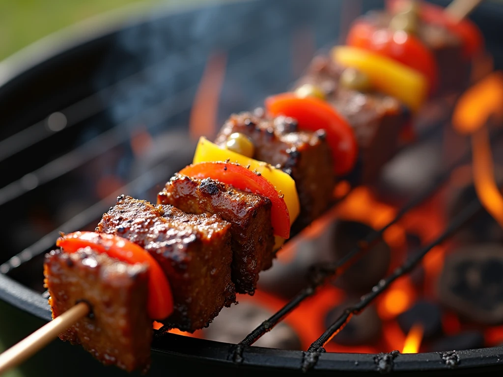 Spicy chicken tikka skewers on a charcoal grill, the marinated pieces turning a rich red, with smoky aromas wafting up