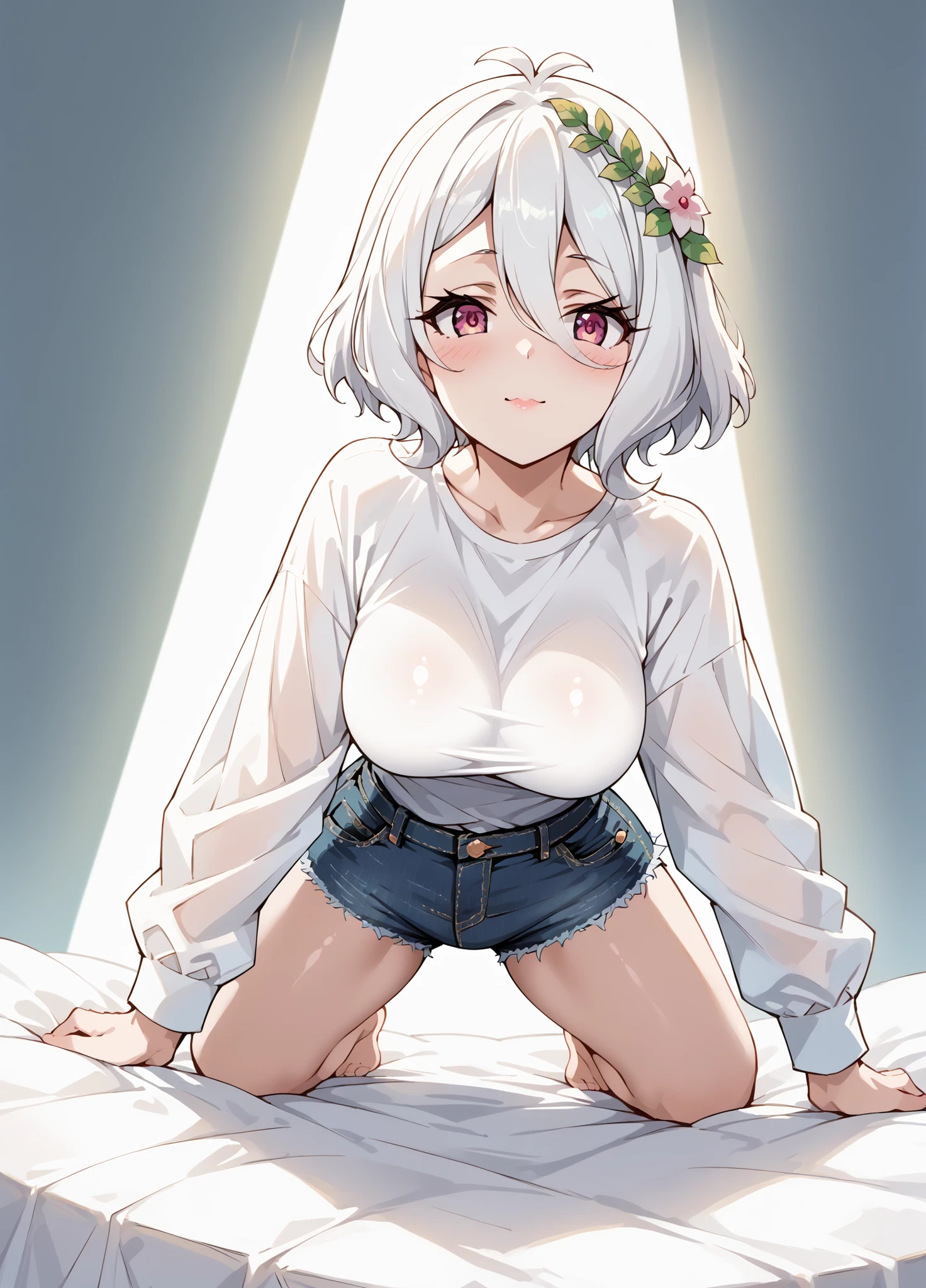 score_9, score_8_up, score_7_up, source_anime, 4K,perfect fingers,(perfect hands, perfect anatomy),prefect lighting, very aesthetic, intricate details,highly detailed background, masterpiece, high quality, best quality, high resolution,
1 girl,solo,Kokkoro_(Princess_Connect!), White Hair, large breast,,
wearing ((long sleeved white shirt,denim shorts, )) ,,
loving me, on all fours,in bed, from back below,