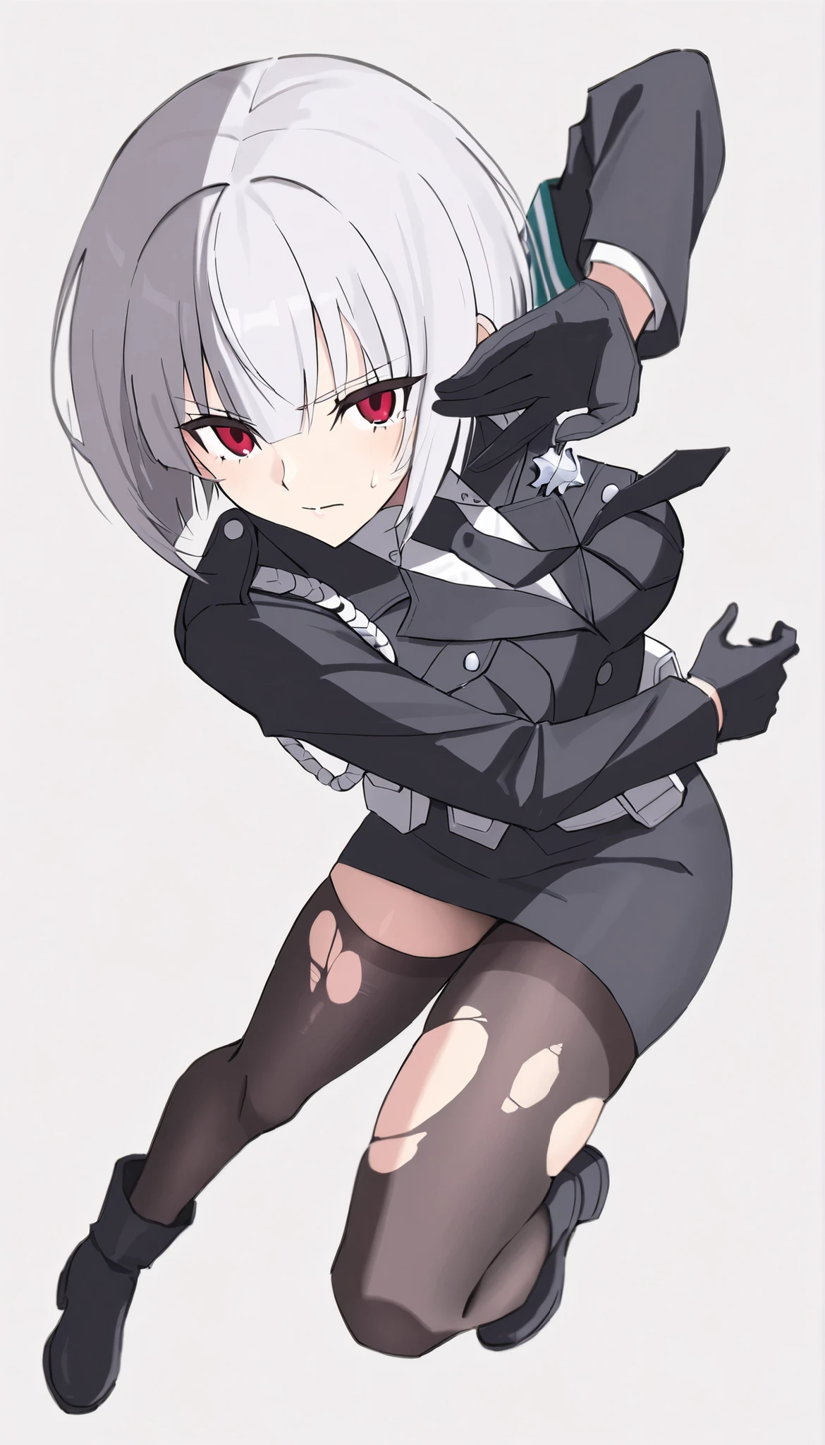 ((masterpiece)), (best quality), 1girl, solo, simple background, temptation, delicate face, Battle Pose , Thomas slalom kick, full body, silver short hair, long sideburn, Disdainful Eyes, Black Stockings, Damaged black police uniform, medium breasts, style: midjourney, white background, two-point perspective , Impact footage,motion blur,depth of field, closeup