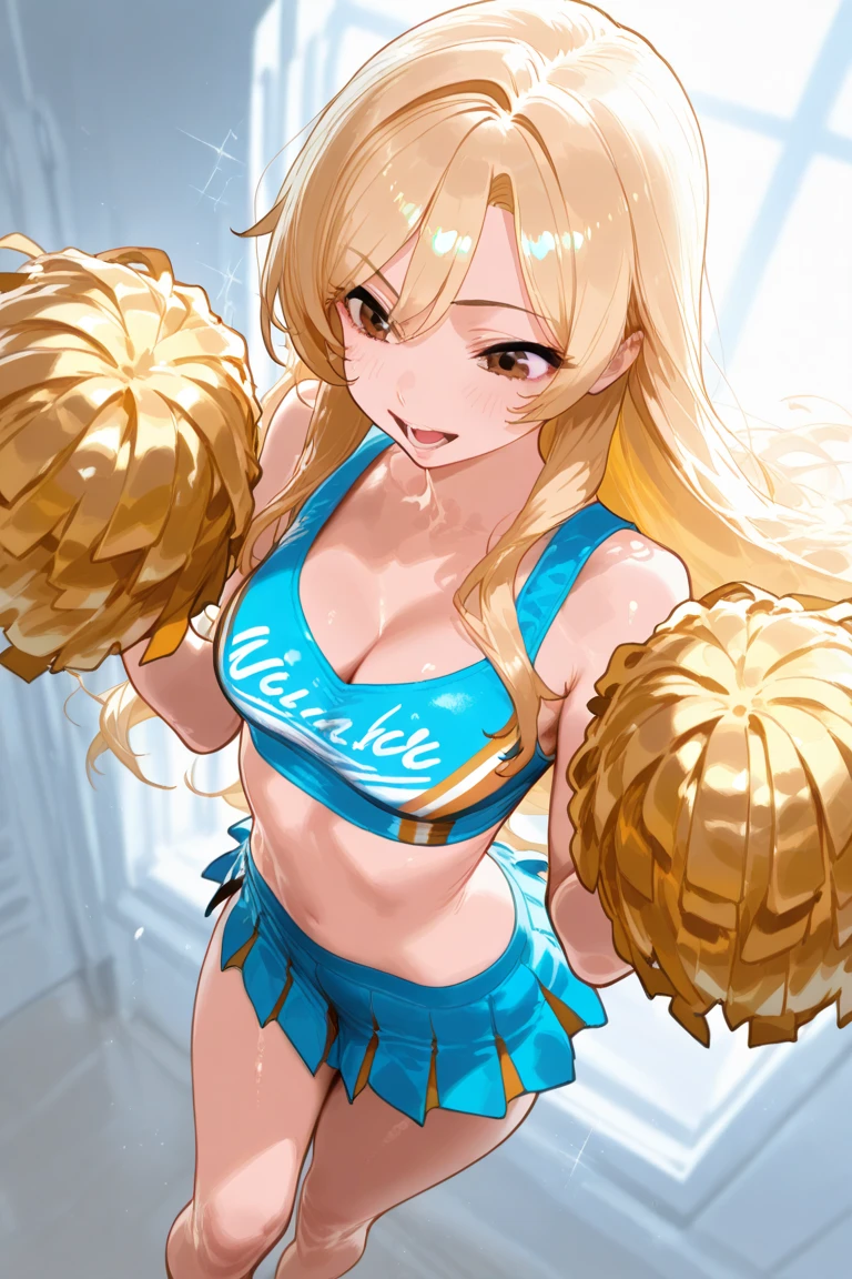 best quality, ultra high res, 1girl, mature woman, blonde long flowing hair, wearing a cheerleader outfit, white cheerleading crop top, white cheerleading skirt, white cheerleading choker, 1girl, beautiful, masterpiece, best quality, extremely detailed face, perfect lighting, 1girl, solo, best quality, ultra high res, ultra detailed,, masterpiece, best quality, cleavage, seductive smile, mature woman, perfect eyes, perfect face, perfect chin, heavy makeup (eyes, eyebrows, lips), perfect hands, seductive pose