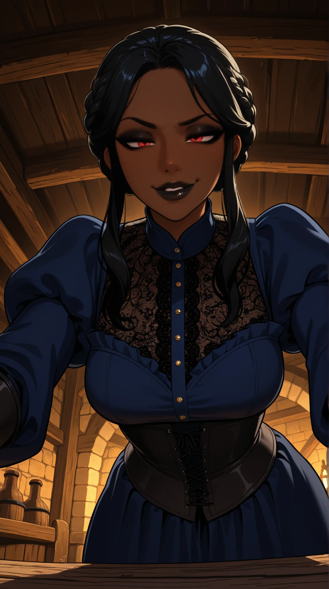 ((highest quality)), ((masterpiece)), (detailed), Perfect Face,bob hair ,blunt bangs,dark skin, large breasts, cleavage, dirndl, cowboy shot, indoors
