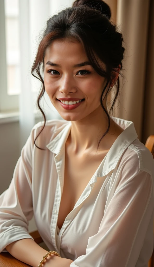 highres, realstick, {51-year-old woman}, Japanese, 163 cm, 57 kg, elegant, attractive, medium-length black hair, styled, intelligent eyes, kind smile, sophisticated, well-groomed, confident posture, dignified appearance, BREAK, sleepwear, silk pajamas, comfortable, elegant, nightgown, soft fabric, relaxed, sophisticated, minimalistic