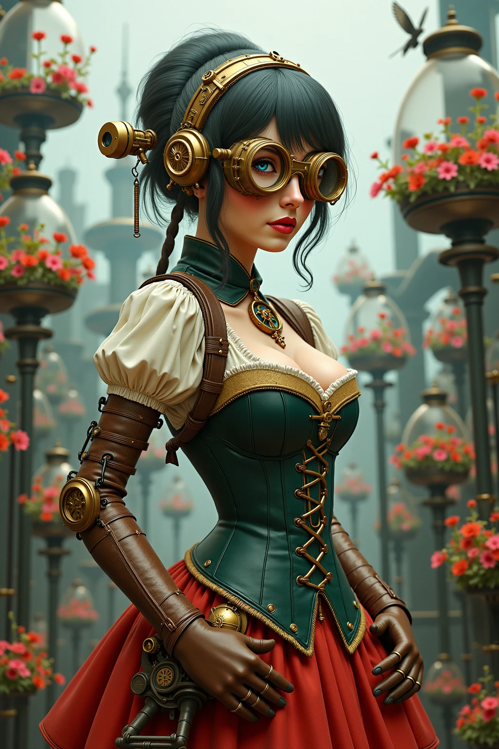 a steampunk-inspired scene, with a beautiful girl in a garden, surrounded by gears, brass pipes, and mechanical contraptions. Her eyes are detailed and mesmerizing, with long eyelashes. She has ruby red lips that add a pop of color to her pale complexion. She wears a corseted dress, adorned with gears, and accessorized with leather gloves and goggles. Her hair is styled in intricate braids and adorned with metal ornaments. The scene is set in a lush garden, filled with vintage roses and twisted vines, with a backdrop of an industrial cityscape. The color palette is rich and warm, with shades of vintage gold, copper, and deep crimson. The lighting is dramatic, with rays of warm sunlight cutting through the steam-filled air. The contraptions in the garden emit steam, creating a sense of motion and energy. The overall image quality is of the highest standard, with ultra-detailed elements and a realistic, photorealistic quality. The composition is carefully crafted, with a focus on the girl and the intricate details of the steampunk world. The art style is a fusion of Victorian aesthetics and futuristic technology, capturing the essence of steampunk. The prompt: (best quality, 4k, highres, masterpiece:1.2), ultra-detailed, realistic:1.37, steampunk, girl in a garden, gears, brass pipes, mechanical contraptions, beautiful detailed eyes, beautiful detailed lips, long eyelashes, corseted dress with gears, leather gloves, goggles, lush garden, vintage roses, twisted vines, industrial cityscape, vintage gold, copper, deep crimson, dramatic lighting, steam-filled air. sultry look, seductive,