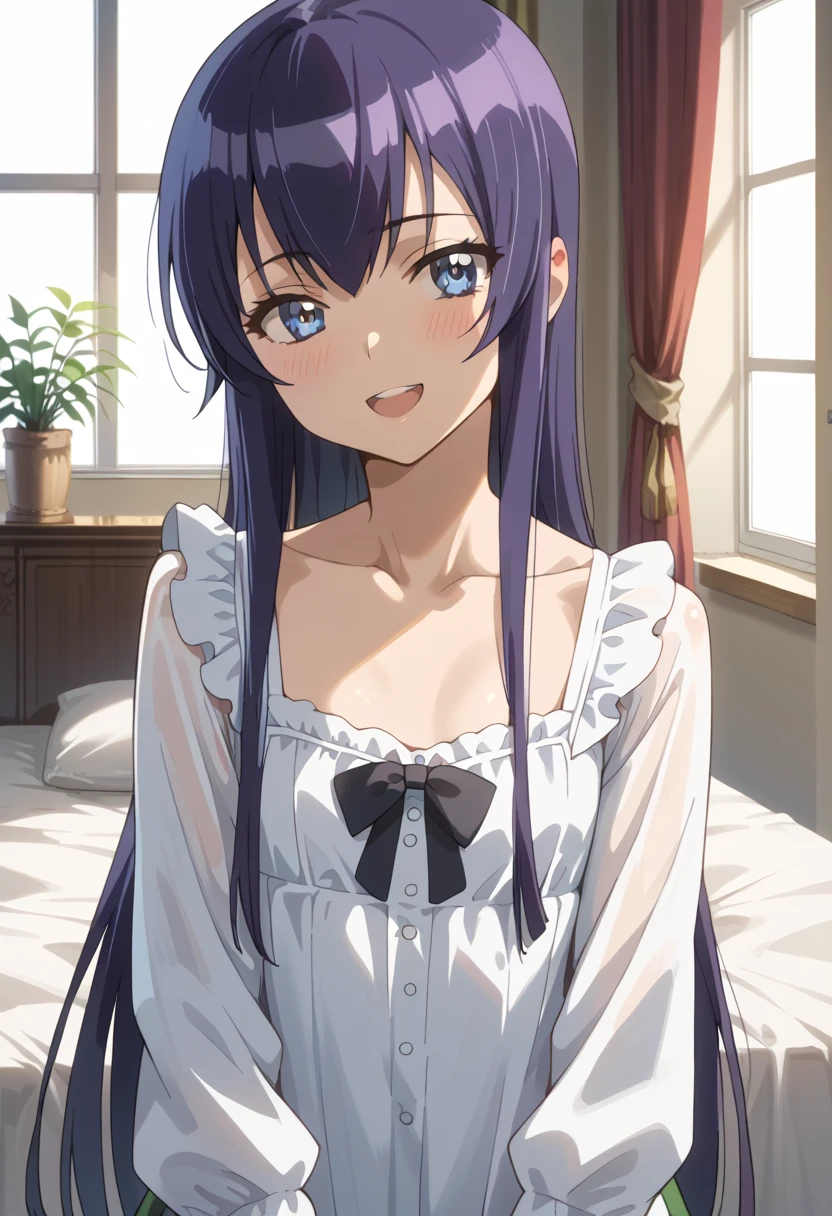 ((Best Quality)), ((masterpiece)), (be familiar with), perfect face, indoor, bedroom, watching viewers,
One woman, Saeko Tokushima,
open mouth, ecstatic expression, blush, smile,
small , flat chest, Young girl, lori, ren, girl,
long hair, long hair,
opening,
