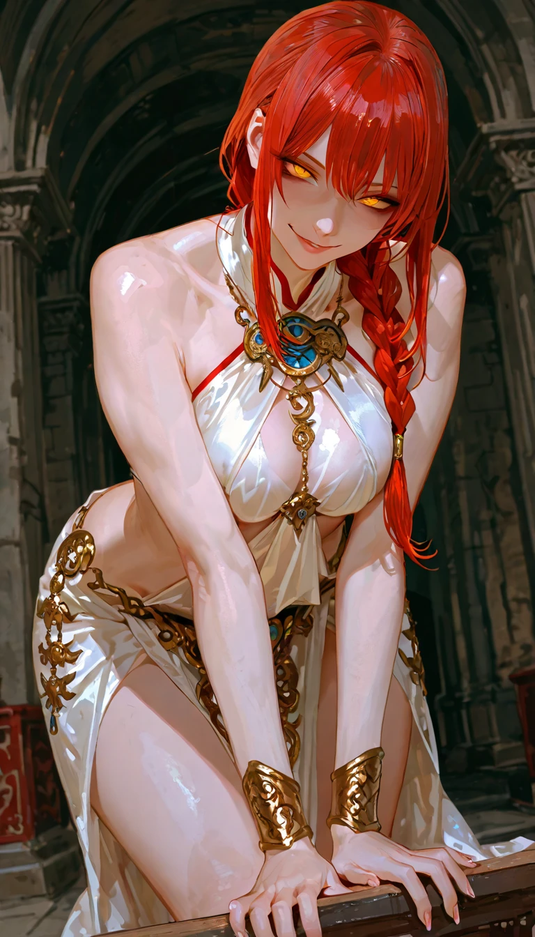 anime girl with red hair laying on the ground with chains, erza scarlet as a real person, seductive anime girl, red haired goddess, pixiv 3dcg, giantess art, anime goddess, extremely detailed artgerm, highly detailed exquisite fanart, beautiful alluring anime woman, beautiful anime girl squatting, marin kitagawa fanart, hot fire goddess
