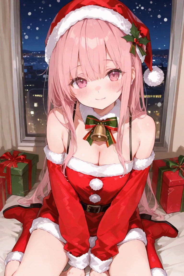 one-girl，soio，170cm height，45CM bust，A pink-haired，Purple eye，the night，gentleness，ssmile， Extremely detailed, Wearing miniskirt Santa Claus costume, Santa Claus costume with warm fur,In the bedroom，((lacepantyhose))，black glove，With bare arms，mitsukasa ayase
