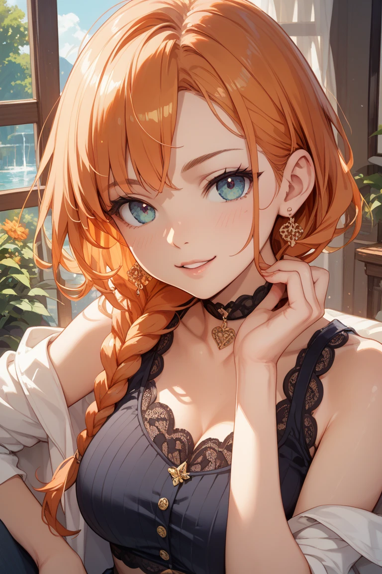 (masterpiece), best quality, expressive eyes, perfect face, 1girl, orange hair, long hair, straight hair, french braid, blue eyes, large chest, black halter top, golden belt, beige off shoulder jacket, sideboob, sitting, on table, teacup, tea, outdoors, holding food, holding macaron, macaron, head rest, soft smile, offering food, food on hand,Masterpiece, Anatomically Correct, High Details, 