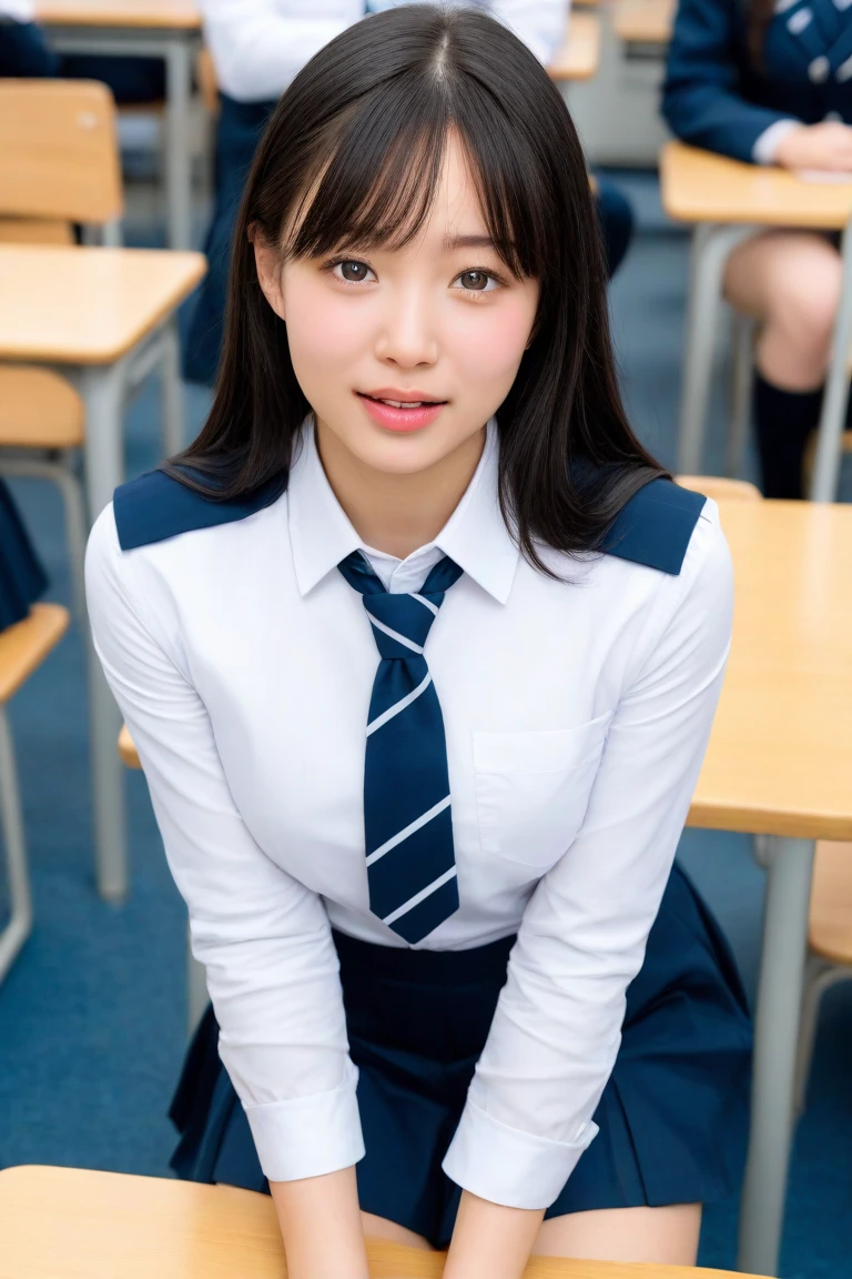 A solo Japanese high school girl, with a baby face and a charming white complexion, is seated in a classroom adorned with rows of desks and a chalkboard. She is wearing a navy cardigan, a plaid skirt that reaches just above her knees, black knee socks, and a bowtie. Her short bob frames her face, revealing a small chin and delicate features. With her legs crossed, she wears white leggings that add a touch of modernity to her traditional school attire. The realistic scale of the scene captures every detail, from the masseter muscle fragment in her jawline to the correct human body anatomy and the correct dress size. The professional photographer, focusing on