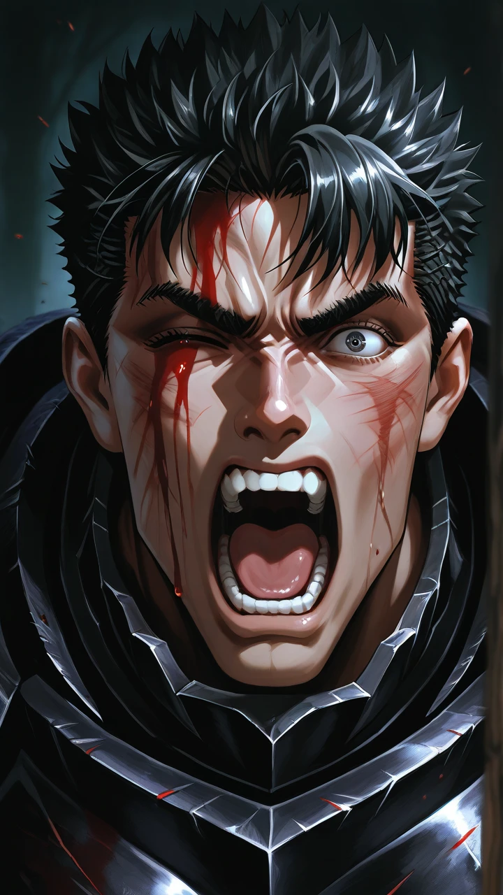 Dark fantasy-style illustration featuring Guts, also known as the Black Swordsman, with a stern expression, standing in a battle-ready pose. The character has short, dark hair and a rugged face with a determined look, reminiscent of Kentaro Miura's iconic style. He is dressed in black armor with red accents and a flowing black cape. The warrior wields a large, blood-stained Dragon Slayer sword, and the ground around him is littered with defeated, grotesque creatures, emphasizing a recent battle. The background is a dark, eerie landscape with jagged rock formations and a blood-red ground. At the bottom of the image, there is a signature in a stylized red font that reads 'ArtVision1999'. anime, anatomically correct, super detail, high quality, 4K