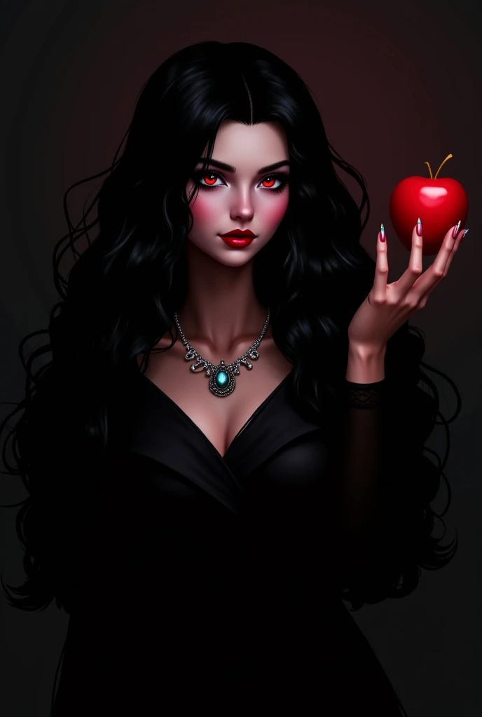 A captivating book cover teases the imagination with an alluring scene set in the realm of dark romance. The enchanting figure of a woman with cascading purple-highlighted locks, dressed as a seductive witch, holds an enticing apple in her hand. Her alluring pose exudes a sense of mystery and intrigue, leaving the audience yearning for more. In the background, a man in a dapper suit with browning hair stands frozen in fear, his attire contrasting sharply with the woman's revealing ensemble. The rich, velvety colors exude a sense of depth and moodiness, evoking the emotions of love, longing, and fear. Intricately
