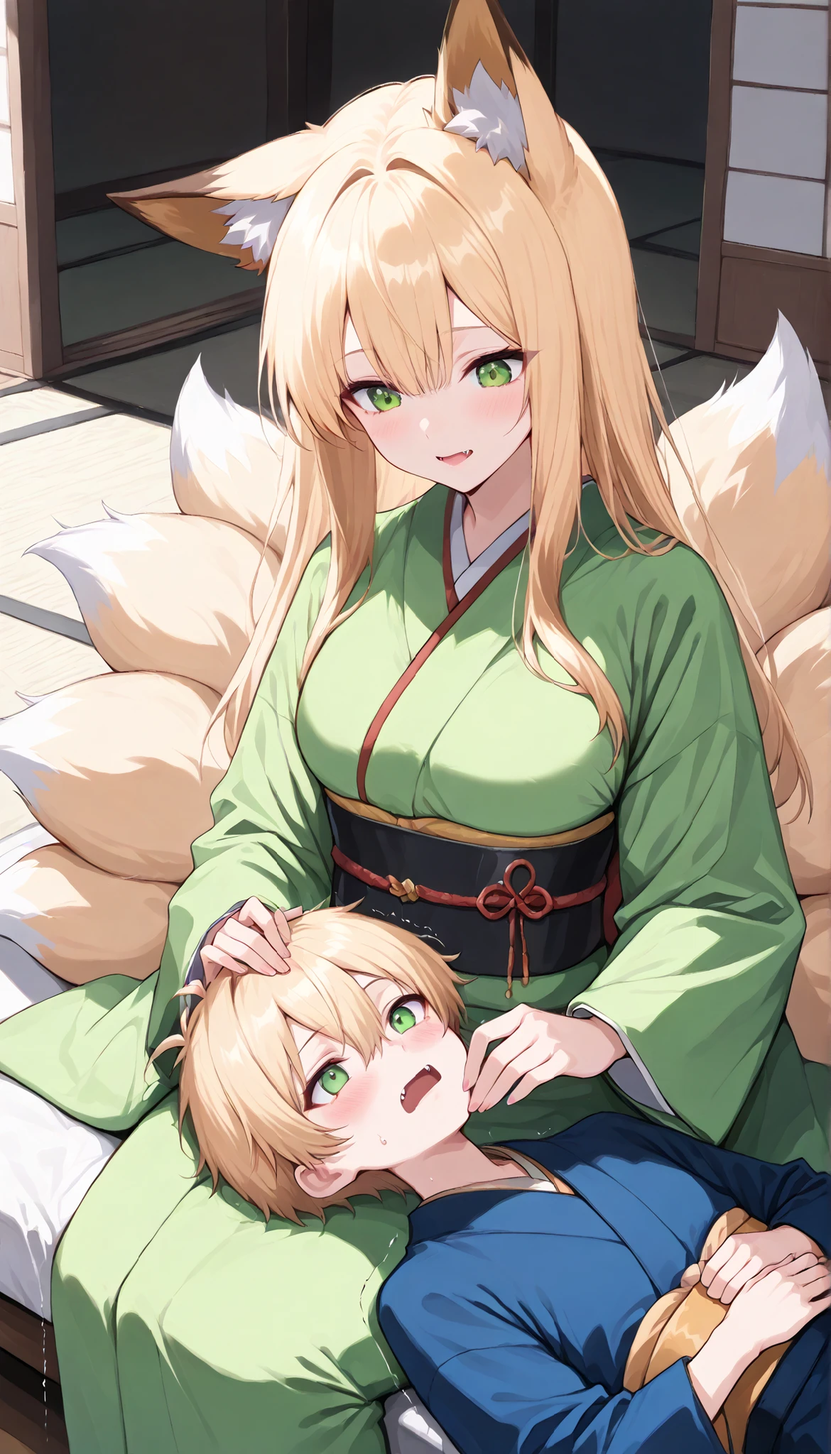 score_9, score_8_up, score_7_up, score_6_up, score_5_up, score_4_up, Embarrassed, (masterpiece:1.3, perfect details:1.3, best quality:1.3, 8k wallpaper), ((beautiful detailed eyes, clean eyes)), source_anime, ((1girl, fox girl, blonde long hair,multiple tails,fox tail,fox ears, medium breast, green eyes, mouth with fangs, green kimono)), ((tiny 1 cute boy, giant boy, boy is very very young, no fox ears, no tail, no muscle,kimono)), boy is lying on the girl's lap, lying on his back, boy relaxing,lap pillow, lying, sitting,indoors, tatami room, luxury Japanese style room, traditional japanese room, japaninterior, Traditional Japanese interior with tatami mats, Japanese Interior Decoration, trembling, masterpiece, best quality, uncensored, ((hyperhandles, hprhndls, beautiful detailed eyes)),