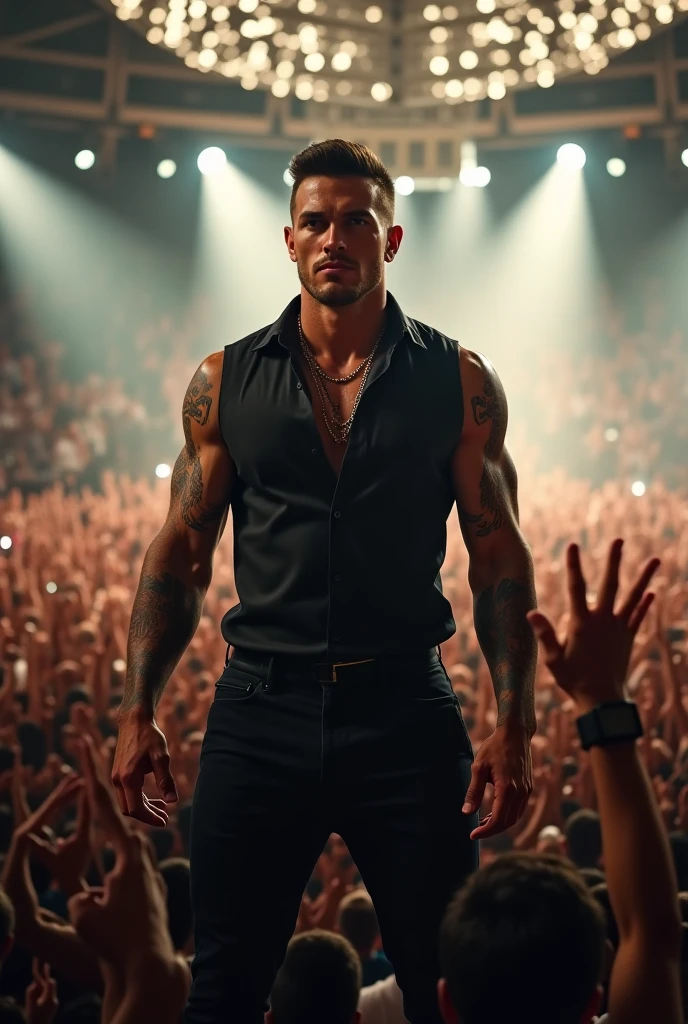 ((realistic lighting, best quality, Very delicate 8K, master piece:1.3 Photo by Fujifilm X-T3,)),Thin man in his 20s with bread cracker、bright red mohawk、black rider leather jacket、worn out jeans、Screaming with a microphone、On stage at a live venue、full body pose、sharp focus:1.2, 1 man, muscular masculinity with perfect figure:1.4, : ((dark brown hair)), Close-up from the front,british white people、