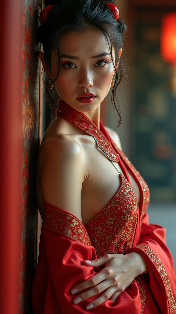 beautiful japanese woman with big breasts in revealing red kimono, autumn, on black background, red rose petals falling