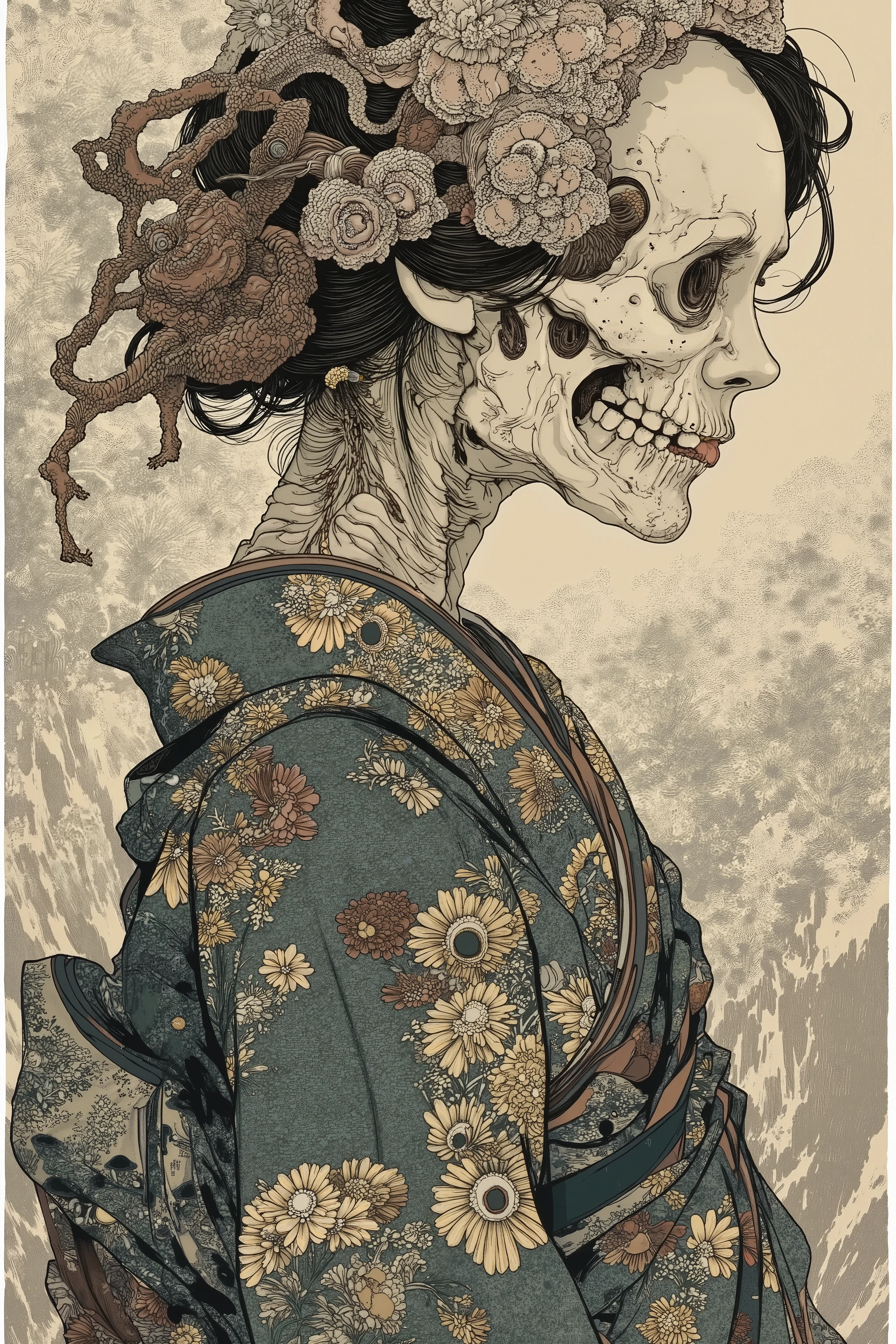 1 girl,harf beautiful face,harf skeleton,kimono,scary ukiyo-e