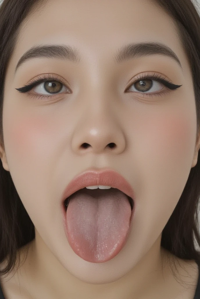 table top,,Awards - Award-winning photos, very detailed, close up of face、focus the eyes clearly, nose and mouth,face focus, woman with open mouth and closed eyes, close up face focus、35 years old,black haired、symmetrical face,realistic nostrils、angle from below、elongated C-shaped nostrils、sweaty skin、Lighting that highlights Skin shiny with sweat、((sharp nose))Skin shiny with sweat、shiny skin、Big eyes、double eyelid、(My tongue is wet and shiny) ((wet tongue)) ((Berokisu))garden,In front of mimosa flowers,
