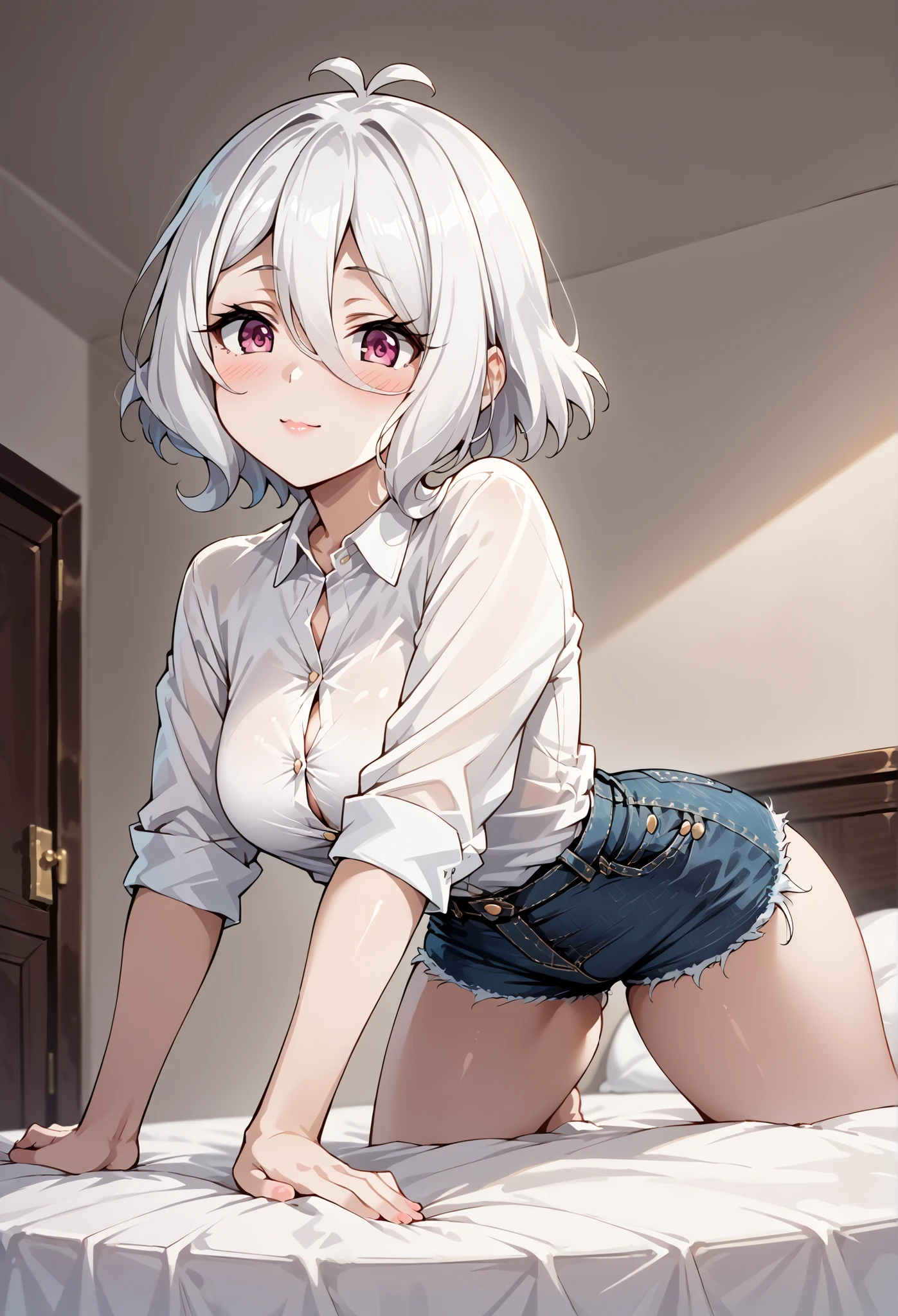 score_9, score_8_up, score_7_up, source_anime, 4K,perfect fingers,(perfect hands, perfect anatomy),prefect lighting, very aesthetic, intricate details,highly detailed background, masterpiece, high quality, best quality, high resolution,
1 girl,solo,Kokkoro_(Princess_Connect!), White Hair, large breast,,
wearing ((long sleeved white shirt,denim shorts, )) ,,
loving me, on all fours,in bed, from back below,