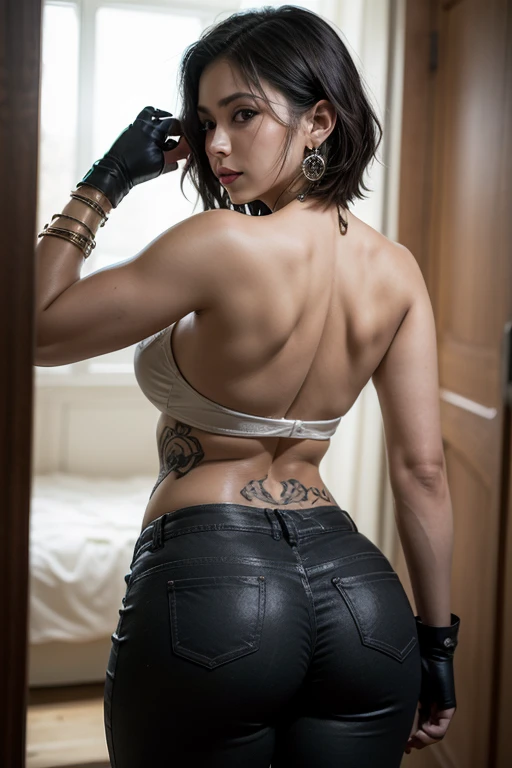 ((masterpiece, best quality)), beautiful gothgirl woman, (dark hair hair, bob hairstyle, square face), (medium breasts), (curvy, muscular body), (natural skin), legs, (high detail thong:1.3), (seductive expression:1.2), standing, various poses, loungeroom background, (UHD, 8K wallpaper, High resolution), Cinematic lighting, physically-based rendering, award-winning, extremely detailed skin, extra detailed face, high detail eyes, Carl Zeiss 85 mm F/1.4, by Ellen von Unwerth, from behind