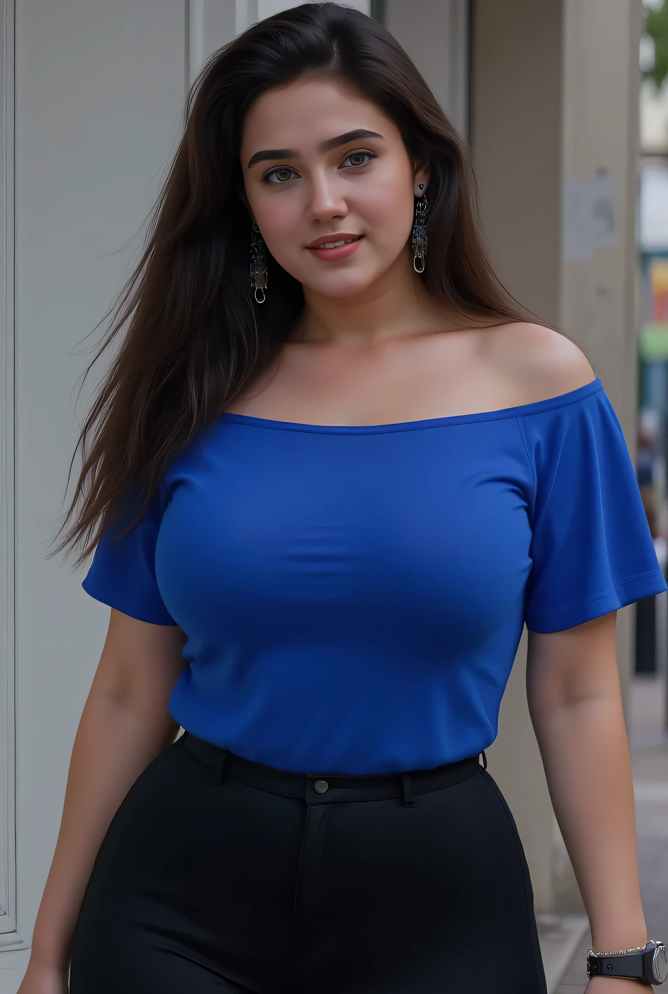 Vacious Aunty, 35 year, Thick, big breast, Off shoulder blue top, braless, saggy, Looking Front, visitor look, Black Leggings, navel visible, upper cleavage, trendy, detailed image, 8k, Canon Perfect Shot Camera, Model Pose, Beauty enhancing make up, Beautiful eyes, Silky Black hair, Long nose