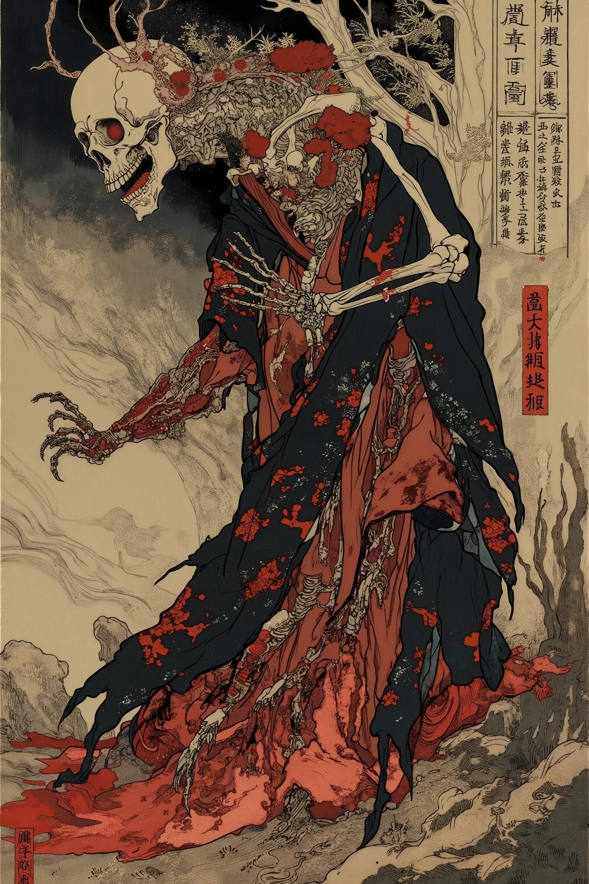 skeleton,bloody,scary ukiyo-e