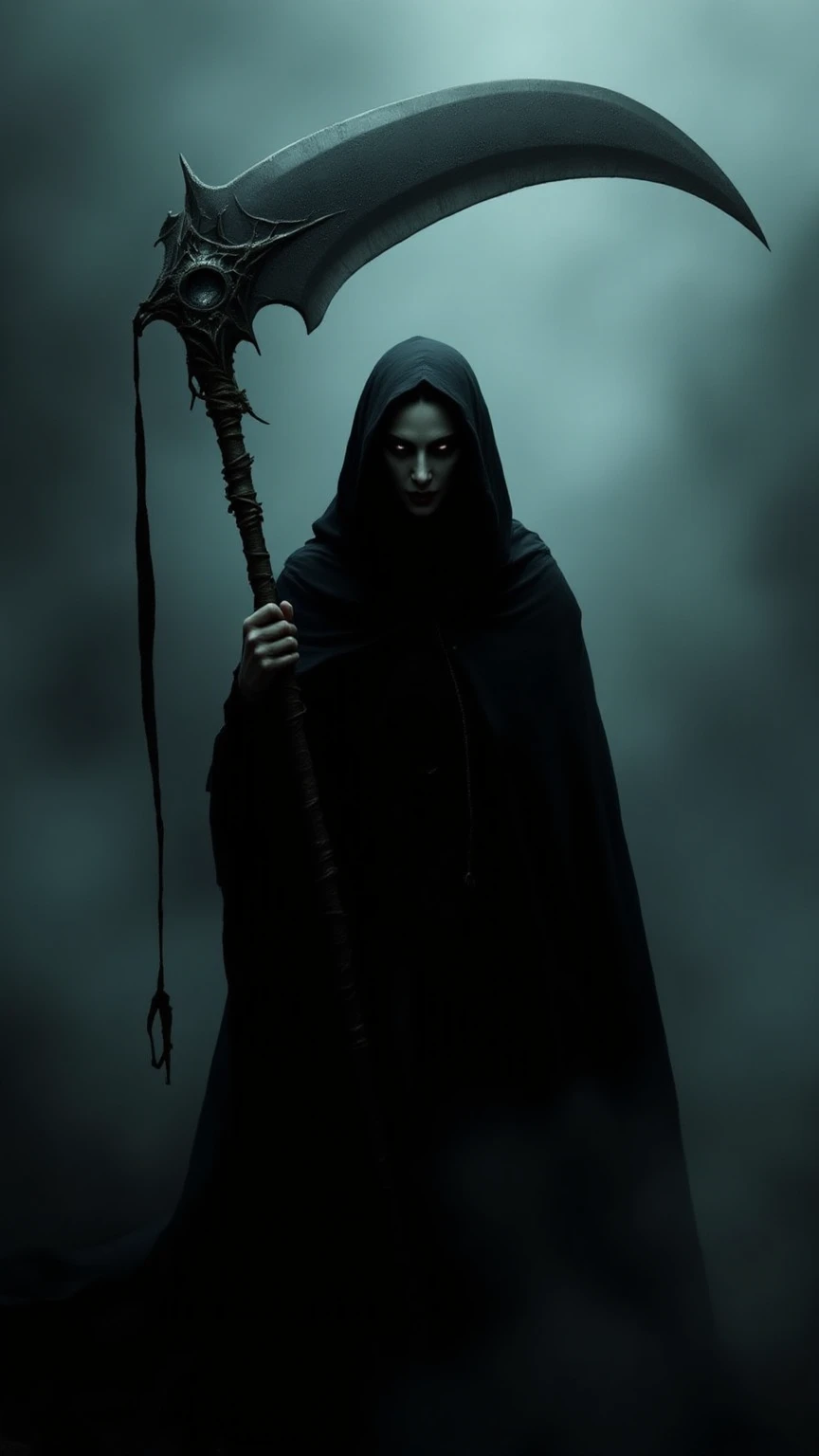 Death with staff of human bones in darkness and black mist