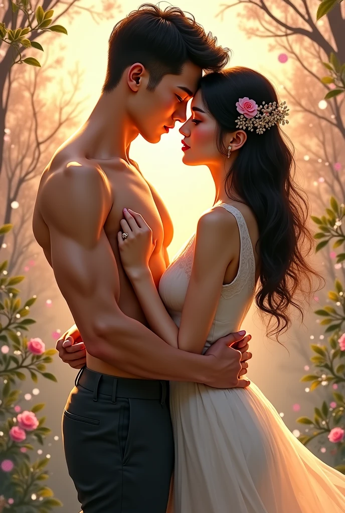 a woman in a white dress is touching a man's chest, inspired by Fernando Amorsolo, by Eddie Mendoza, cover shot, cindy avelino, romance book cover, official poster, inspired by Jorge Jacinto, romance novel cover, by Leng Mei, inspired by Genco Gulan, by Li Mei-shu, in style of lam manh, lovely couple